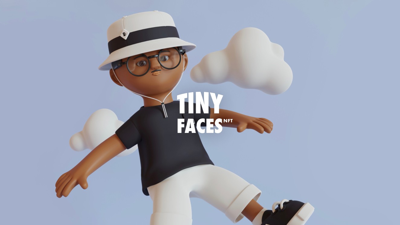 3D rendering of a stylized character with glasses and a bucket hat, floating in the sky with 'TinyFacesNFT' text overhead.